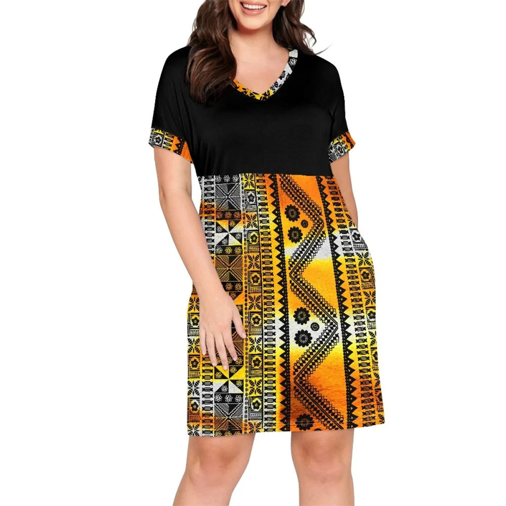 Women Summer Dress 2023 Polynesian Traditional Tribal Clothes Island Hawaii Tropical Flowers Printed V-neck Short Sleeves Black