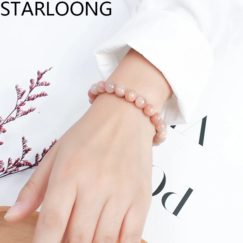 RUILONG Fashion Natural Moon Sun Stone Bracelet 6/8/10MM Round Beads Jewelry Sweet Color Charm Bracelet Wristband Gift