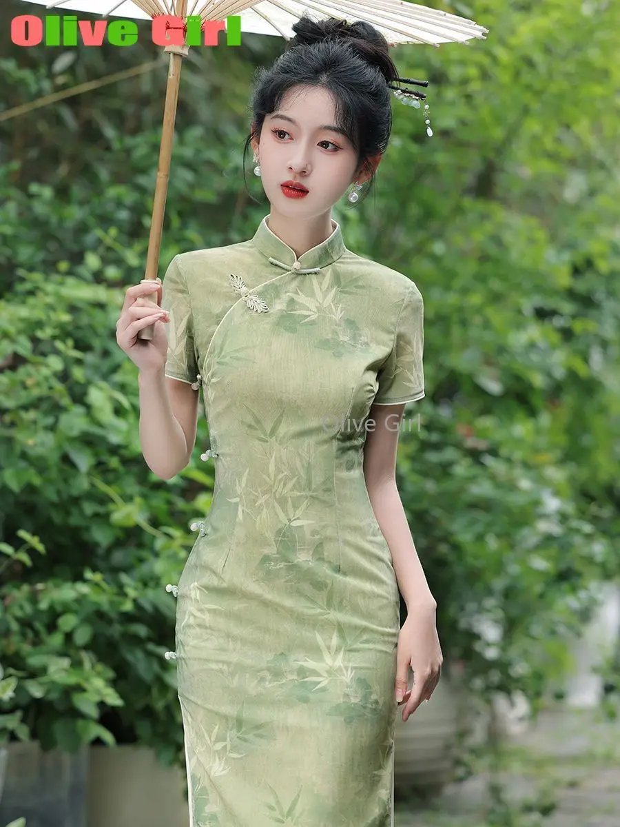 

Зеленое платье Cheongsam Qipao, летняя высококачественная длинная повседневная улучшенная женская одежда, традиционная китайская женская одежда