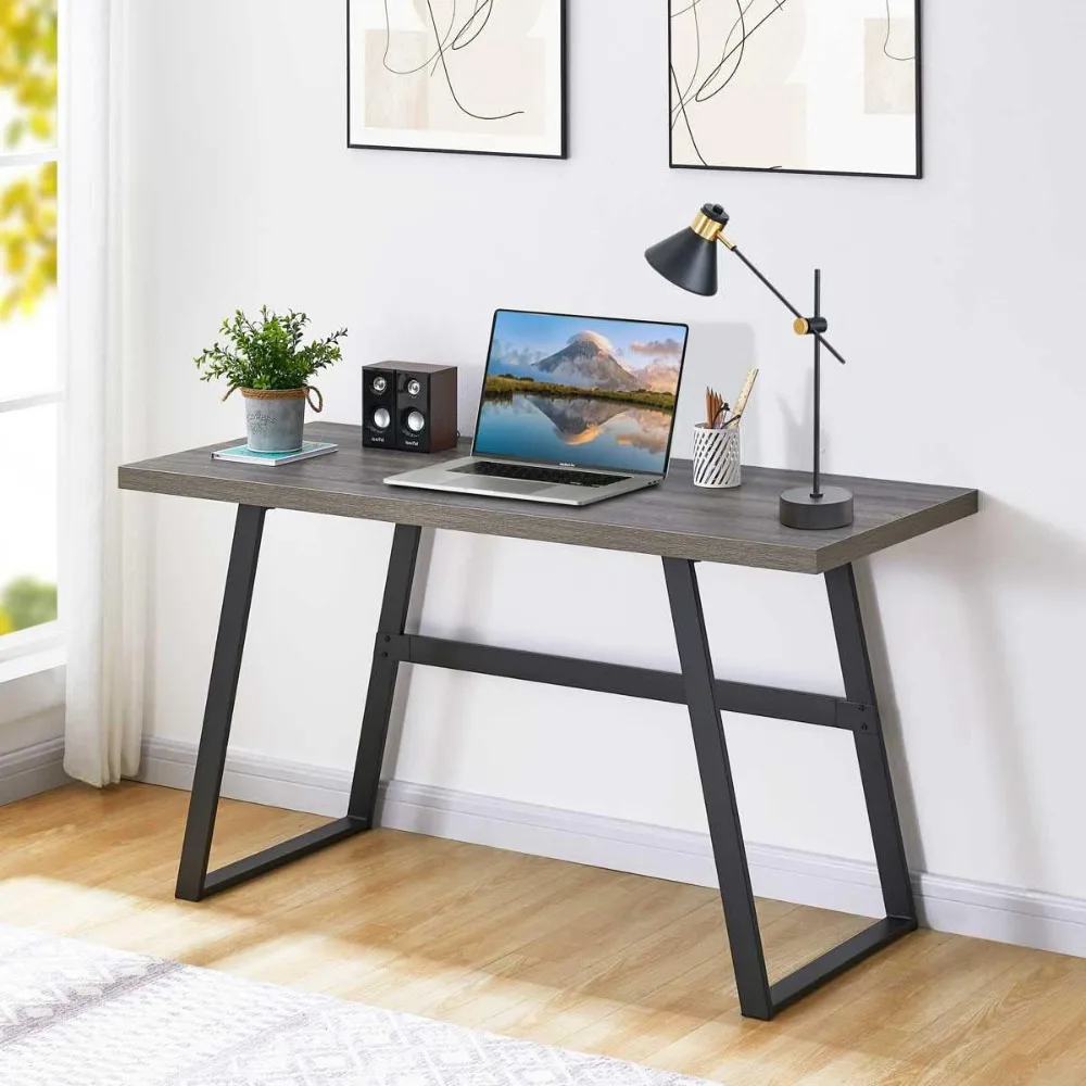 

55 inch Modern Writing Desk, Rustic Computer Desk for Home Office, Sturdy Simple Wood and Metal Desk Industrial Work Study Table