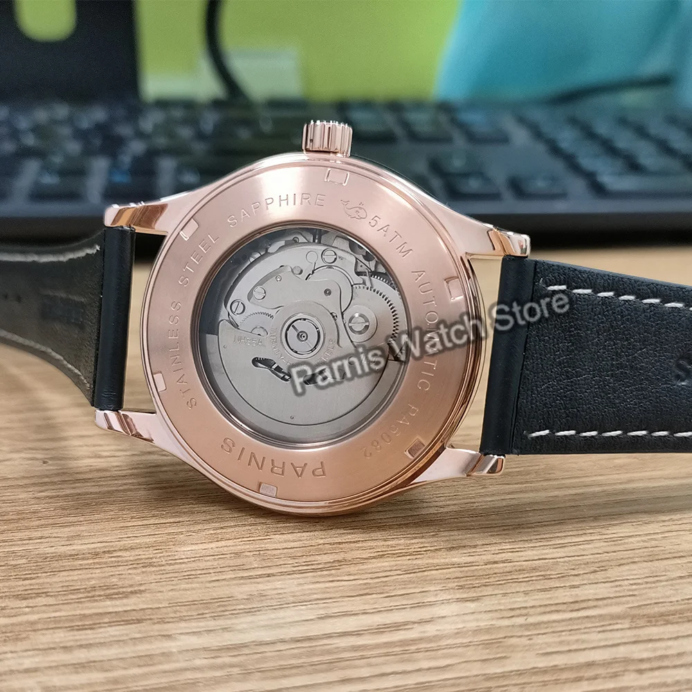 Мужские повседневные часы Parnis с сапфировым стеклом, 44 мм, японский NH35, с автоматическим механизмом, 5 атм, водонепроницаемый черный циферблат, корпус из розового золота