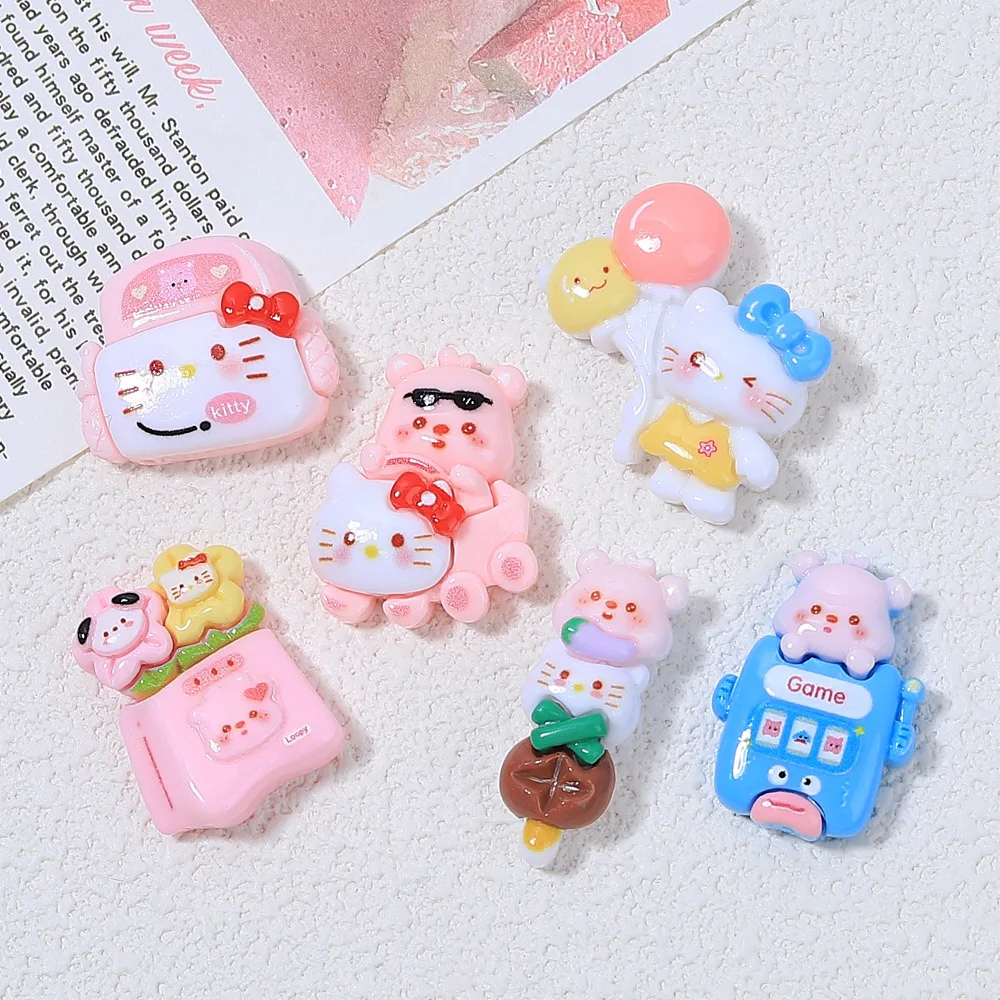 6Pcs New Mini Kawaii cartoon Bow tie car balloon cat Series Flat Bottom Scrapbook  DIY Jewelry Making Hairwear Accessorie A32