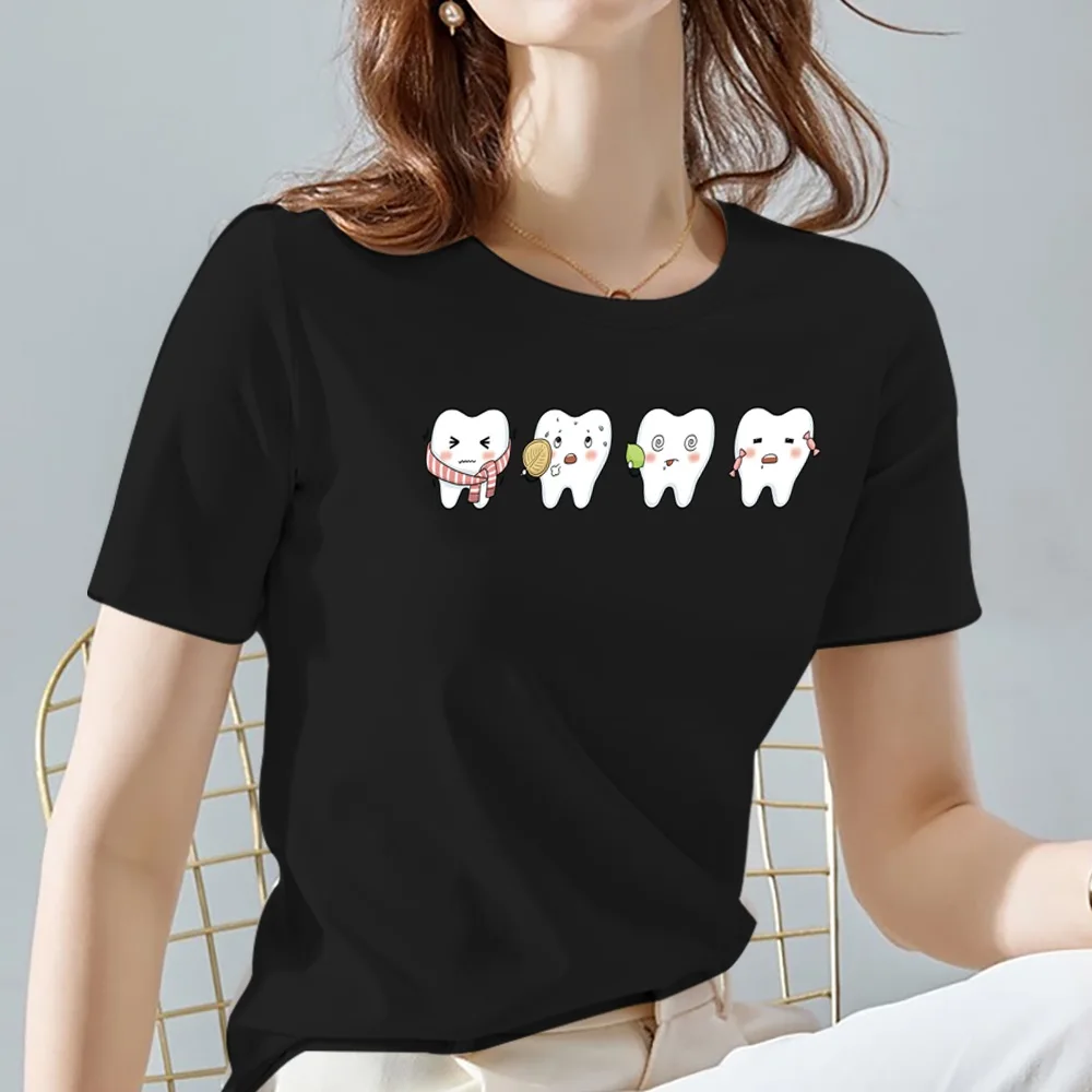 Women Tshirts Summer Teeth Pattern Print Female Tops Tee Casual Black and White Basis Ladies T-shirt Women Clothing