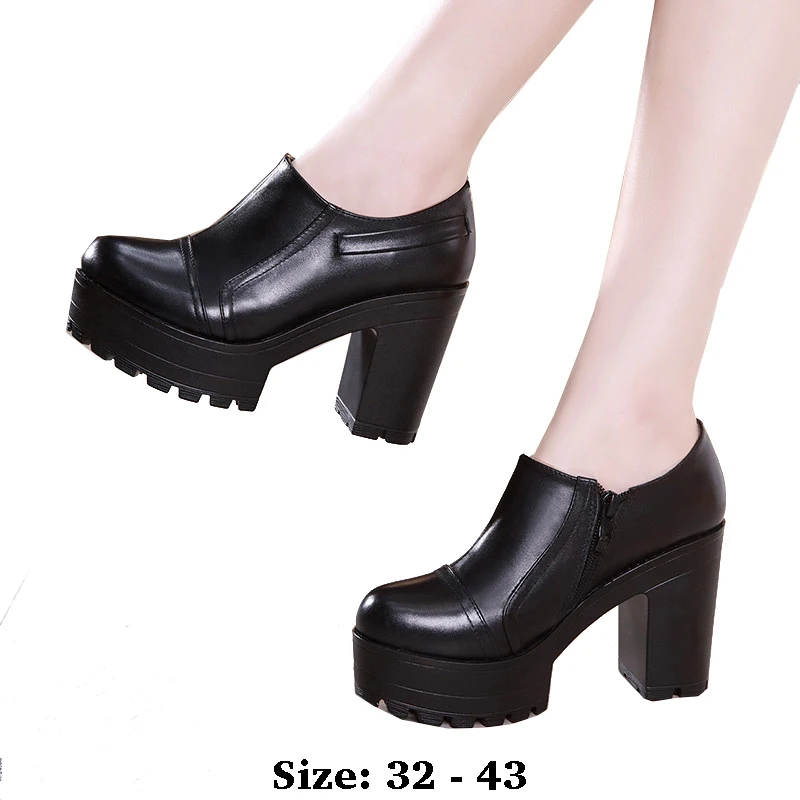 

Высококачественная кожаная женская обувь на высоком каблуке 10 см, платформе с круглым носком 32 33 34, элегантная офисная осенне-зимняя обувь черного, белого цвета