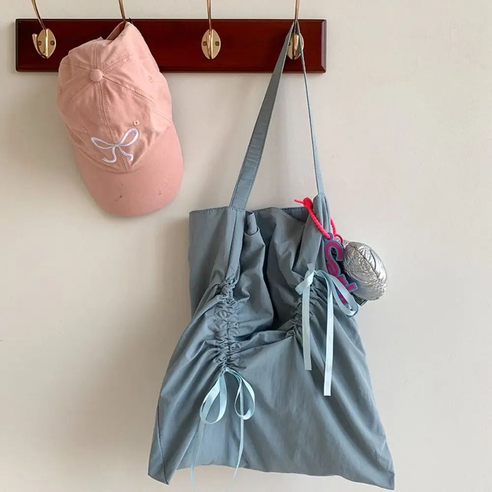 

Cute Korean Style Bow Drawstring Bag Bowknot Fold Nylon Ruched Shoulder Bag Solid Color Large Capacity Silver Tote Bag Girls