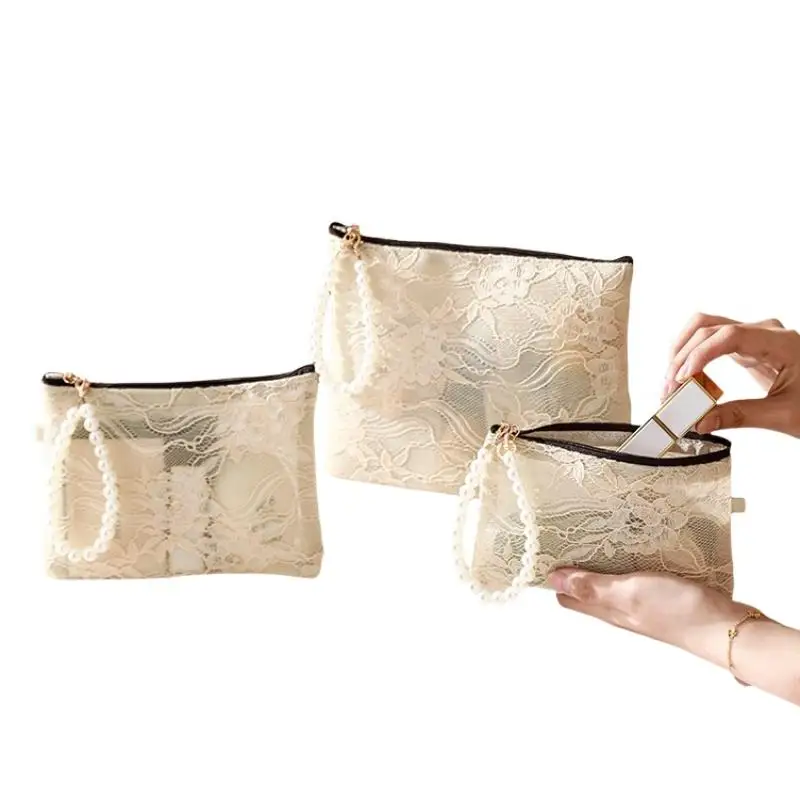 Kosmetiktasche aus Spitze mit Perlen-Handgelenkschlaufe und halbtransparentem Design, perfekt für die Aufbewahrung des täglichen Make-ups und für den Reisegebrauch. – Detail 8