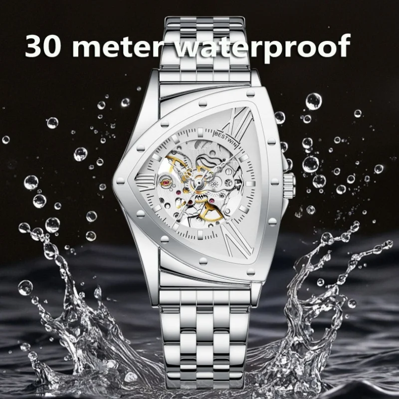 Triangular Hollow Design Men Fully Automatic Mechanical Watch Waterproof Business Wristwatch for Daily Wear Office Use and Gifts