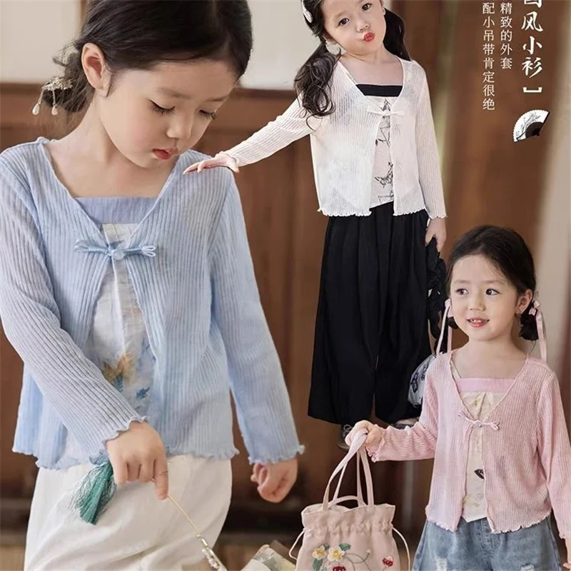 New Girls Light Shawl Tops Summer Disc Buckle Cardigan With Sunscreen Clothes Baby Foreign Style Versatile Air Conditioner Shirt
