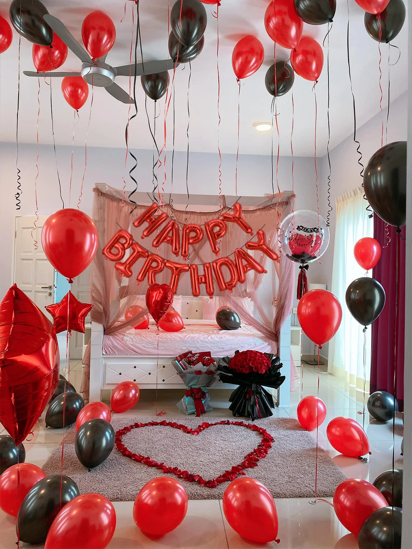 39pcs red happy birthday letter balloon set, romantic party scene, birthday party decoration supplies