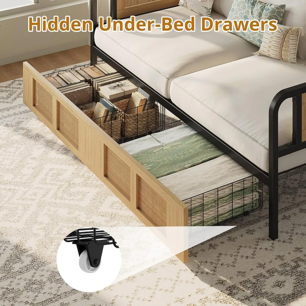 Twin Daybed, Day Bed Frame with Storage Drawers, Rattan Boho Corner Bed Frames with Strong Supports, Sofa DayBed for Living