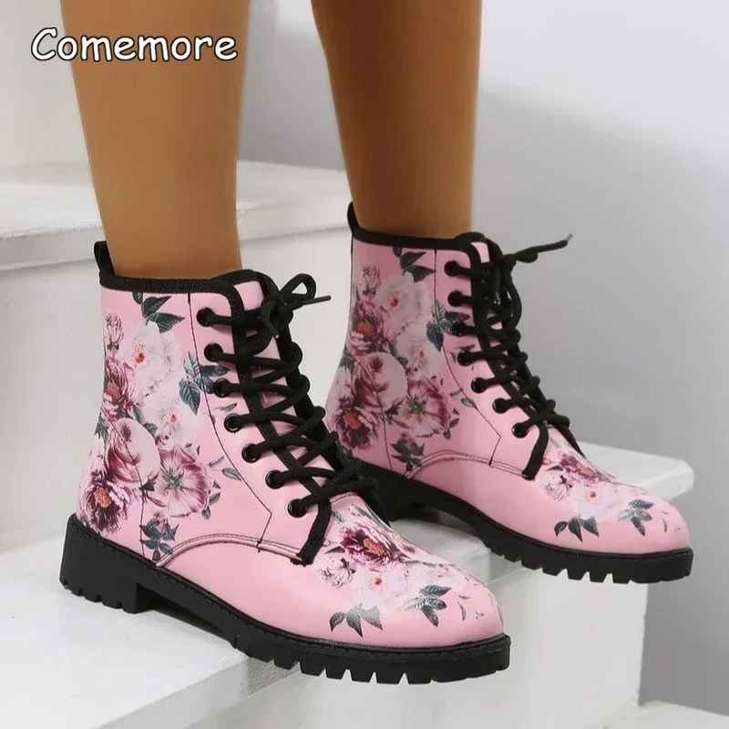 Comemore Spring 2023 Boots Leather Toe Lace-up Mid-tube Flat Pink Leather Boots Fashion Women\'s Low Heel Boot Shoes Plus Size 46