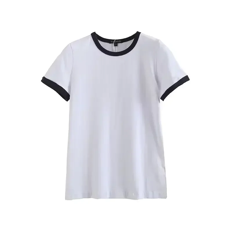 Ladies 2023 Fashion Basic T-shirt Casual O-neck Stitching Short Sleeve T-shirt Slim White Ladies Solid Color Top