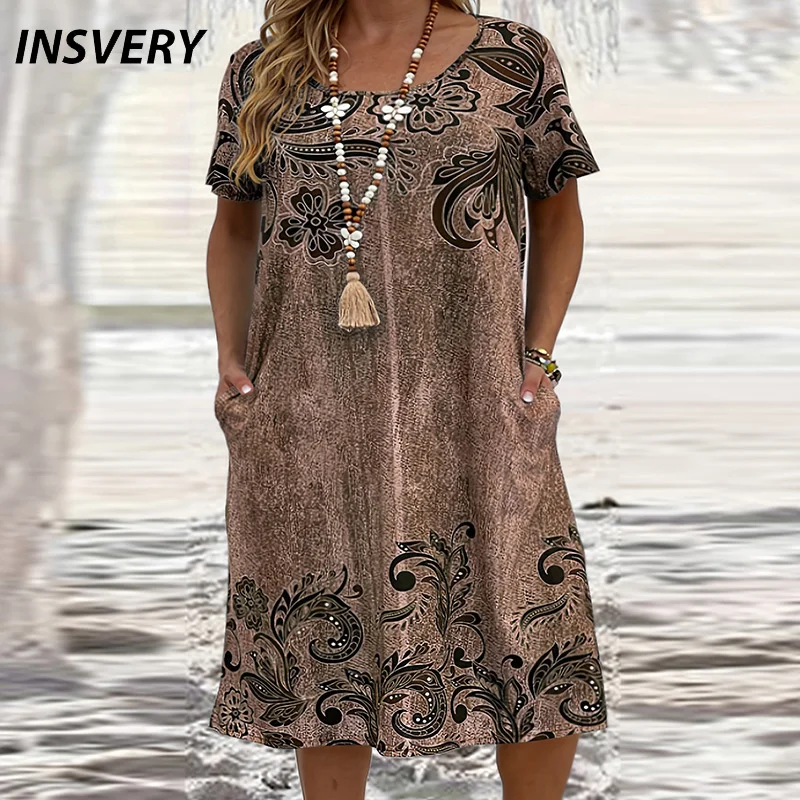 Vintage Print Women Dress Plus Size O Neck Short Sleeve Pocket Midi Dresses For Women Summer Loose Beach Holiday Dresses 2024