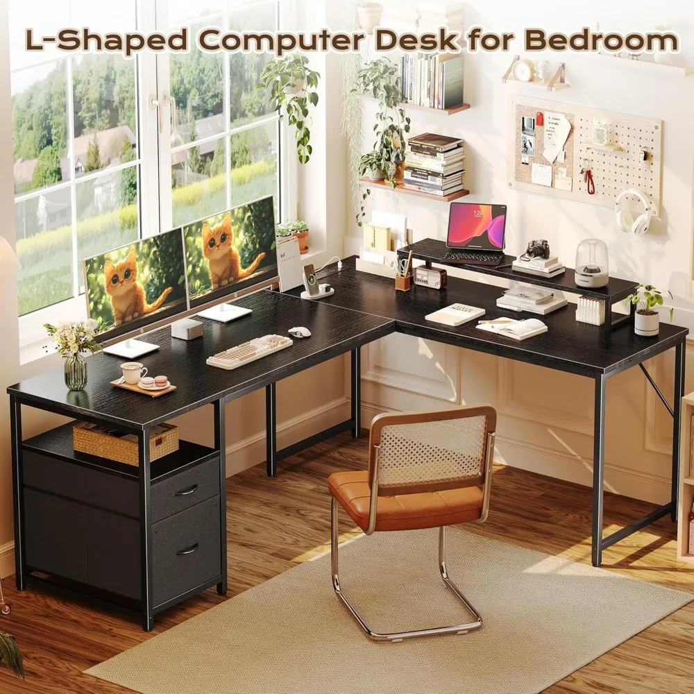 63 Escritorio grande en forma de L con puertos de alimentación y USB-C, escritorio moderno de oficina en casa con cajones de almacenamiento para configuración de computadora