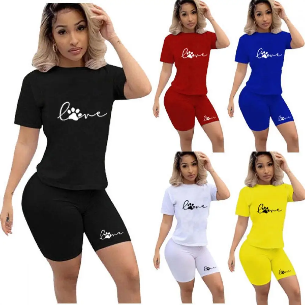 Summer Women T-Shirts and Shorts Suits Casual Tracksuit Two Piece Set Paw Print Short Sleeve Top Tees Female Sport Sets 2022