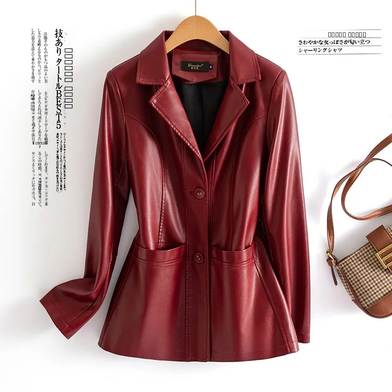 

Кожаный жакет Ning из натуральной кожи для женщин, весна-осень 2025, новая модель, воротник-стойка, корейский стиль, приталенный крой