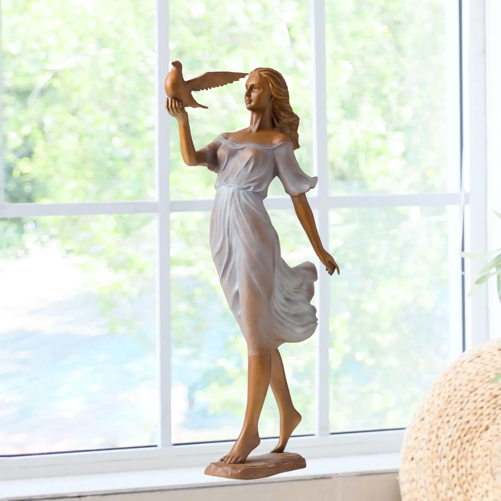 60cm Handmade Bronze Statue of Lady with Bird Elegant Standing Woman Bronze Sculpture Home Garden Decoration Collections