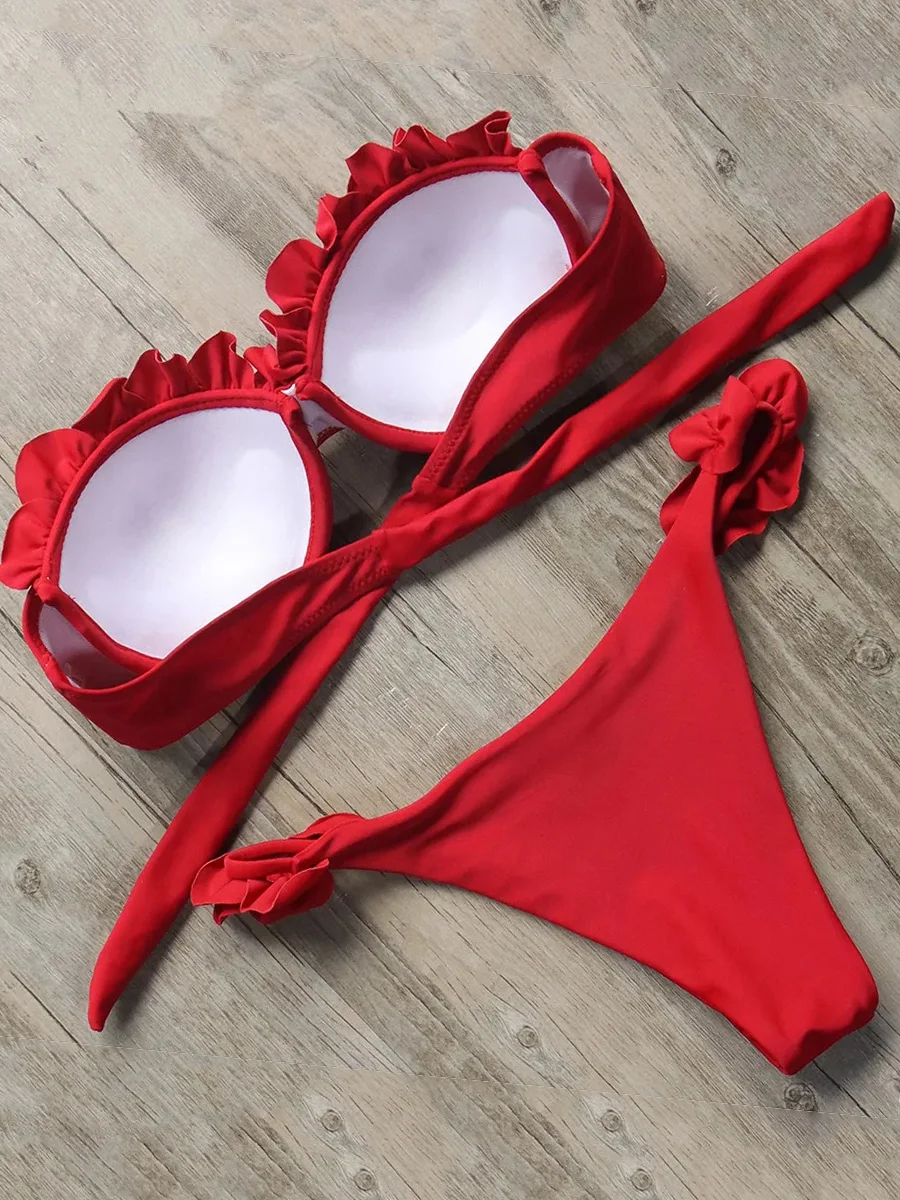 Ruffled Bra ถ้วยบิกินี่ 2025 Bandeau บิกินี่ผู้หญิงชุดว่ายน้ําชุดว่ายน้ําหญิงชุดบิกินี่สองชิ้น High CUT ชุดว่ายน้ําว่ายน้ํา