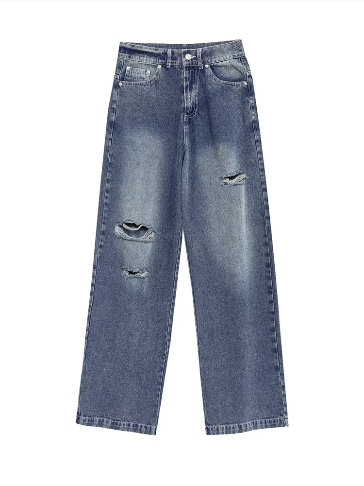 Europejski styl, nowa moda damska, uniwersalny temperament, proste, codzienne jeansy z wysokim stanem i dziurami w jednolitym kolorze.