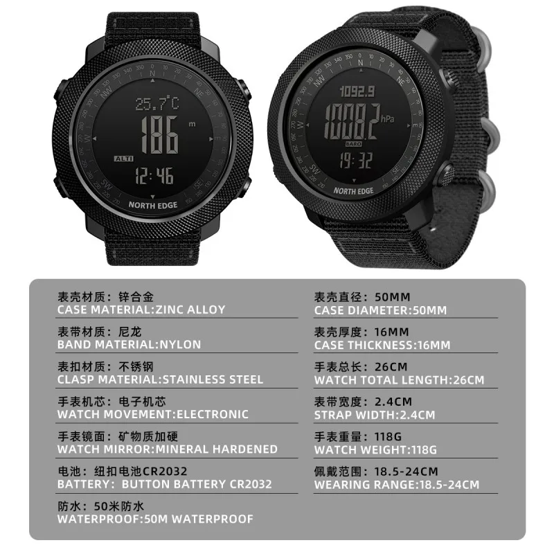 50m Waterproof Outdoor Sport Smartwatch for Men Nylon Strap Compass Altimeter Barometer Thermometer Countdown Timer EL Backlight