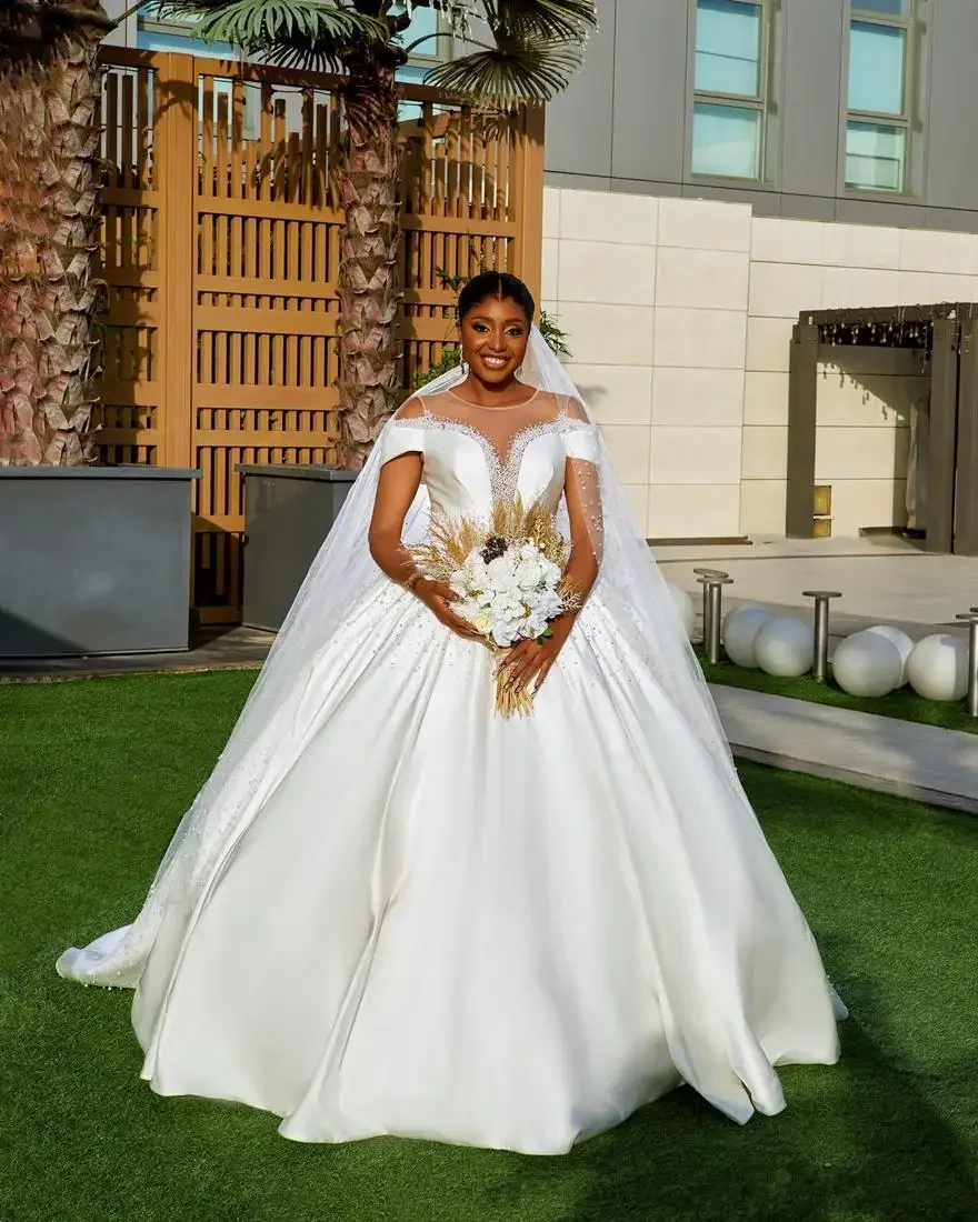 Customized Off the Shoulder Sparkly Pearls Ballgown Wedding Dress For Bride Robe De Mariée Satin Puffy African  Bridal Gown