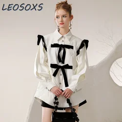 LEOSOXS Sweet Cool Designer Cotton Jacket Women 2024 Autumn Winter New Design Splicing Contrasting Color Bow Loose Jacket Shirt