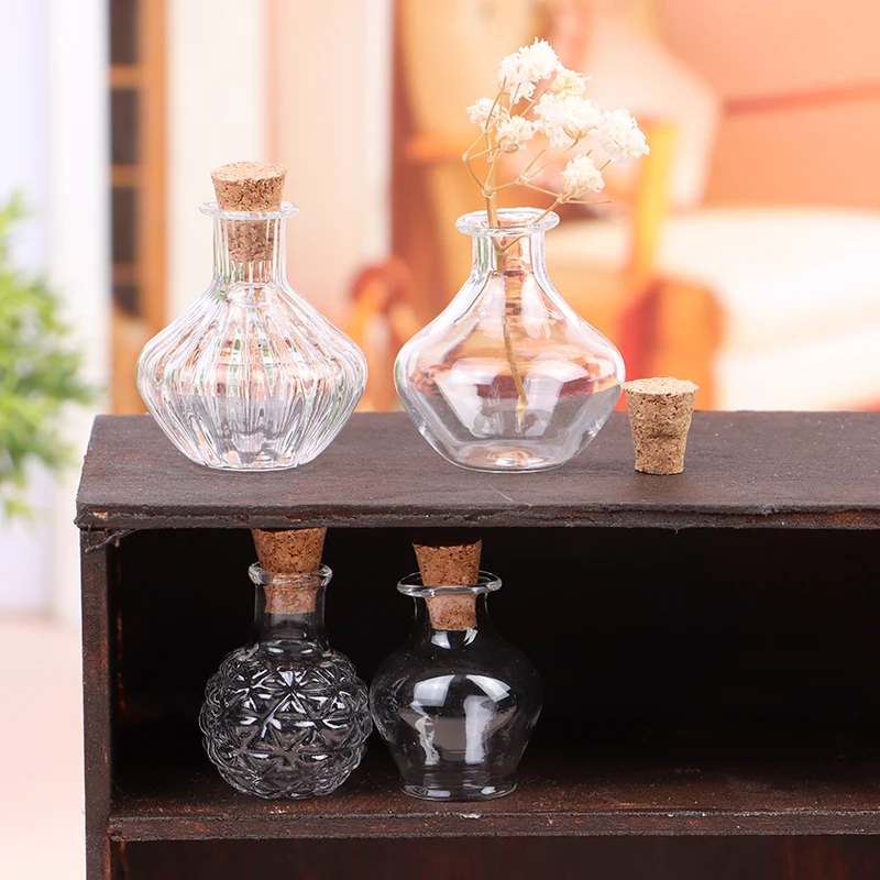 Dollhouse Miniature Storage Tank Glass Bottle with Cork Cover Mini Tiny Jar Flower Vases Model Toys Doll House Decor Accessories