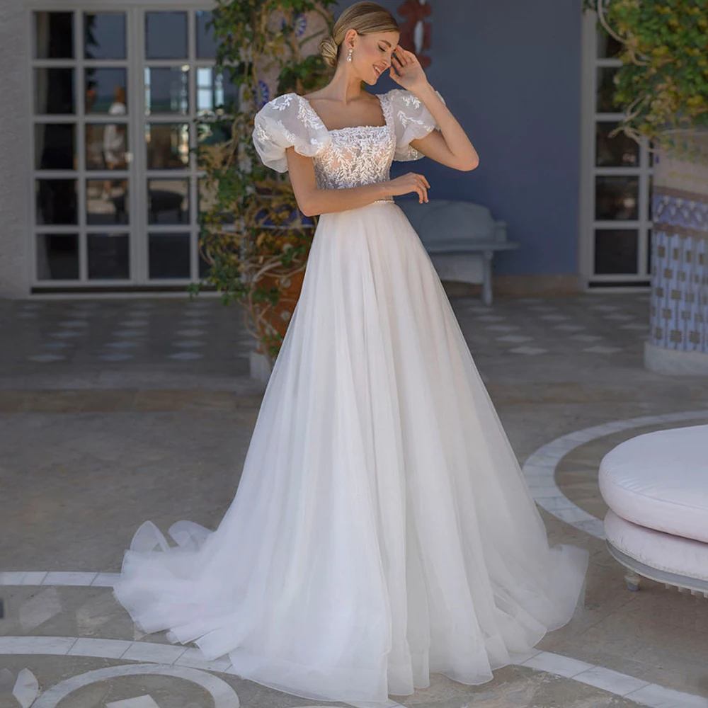 Vintage Puff Short Sleeve Wedding Dress Classic A-Line Applique Square Neck and Open Back Bridal Customized Floor Length Gowns