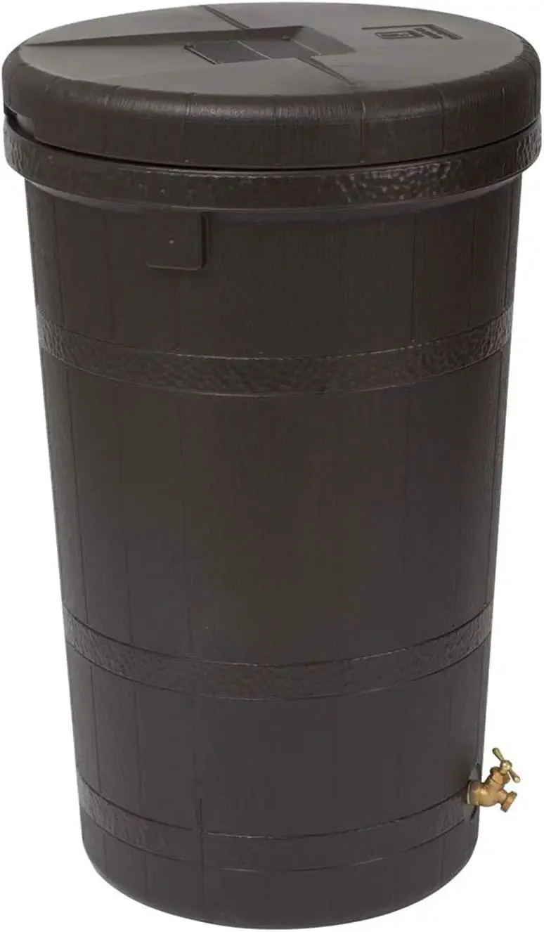 Good Ideas Aspen 50 Gallon Capacity Outdoor Rain Barrel Water Storage Collector Saver with Brass Spigot and Removable Lid, Oak B