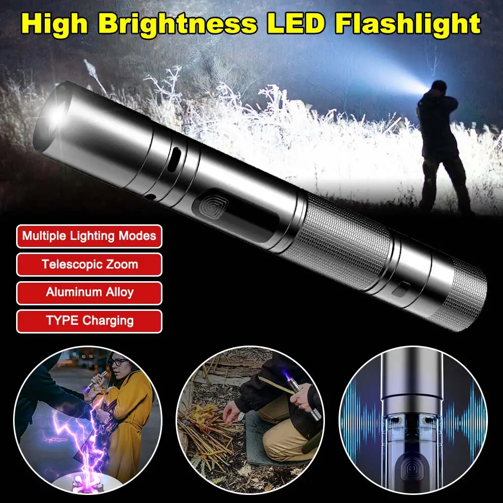 Multifunctional Rechargeable Flashlight Flashlight with Arc Lighter and Alarm High Lumens 3 in 1 Powerful Tactical Flashlight