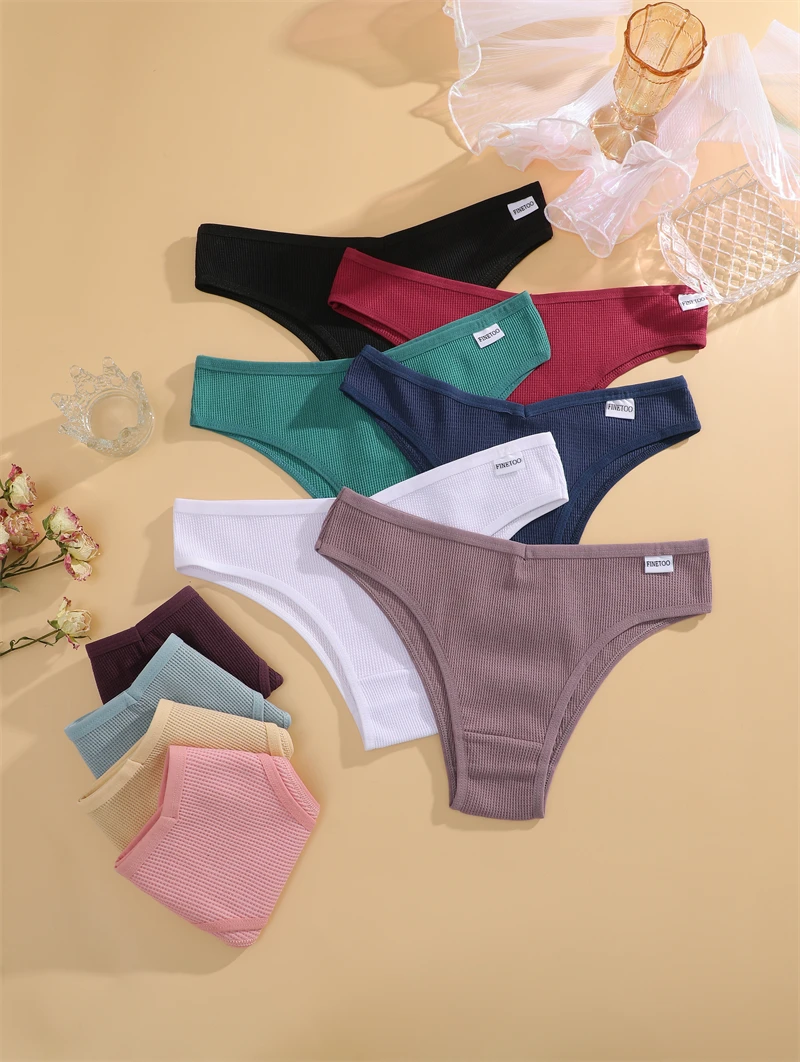 FINETOO 4-teiliges Set Baumwoll-Waffel-Unterhosen im Brasilianischen Stil, Sexy Tiefsitzende Komfortable Unterwäsche, Einfarbige Dehnbare Slips Lingerie – Detail 7
