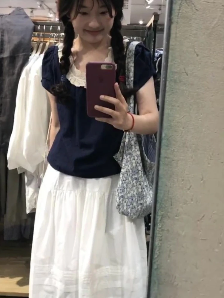 Dentelle épissure f jupe deux pièces ensemble Long Dr paresseux Sle T-shirt à volants taille haute bulle Sve ort Sve printemps été...