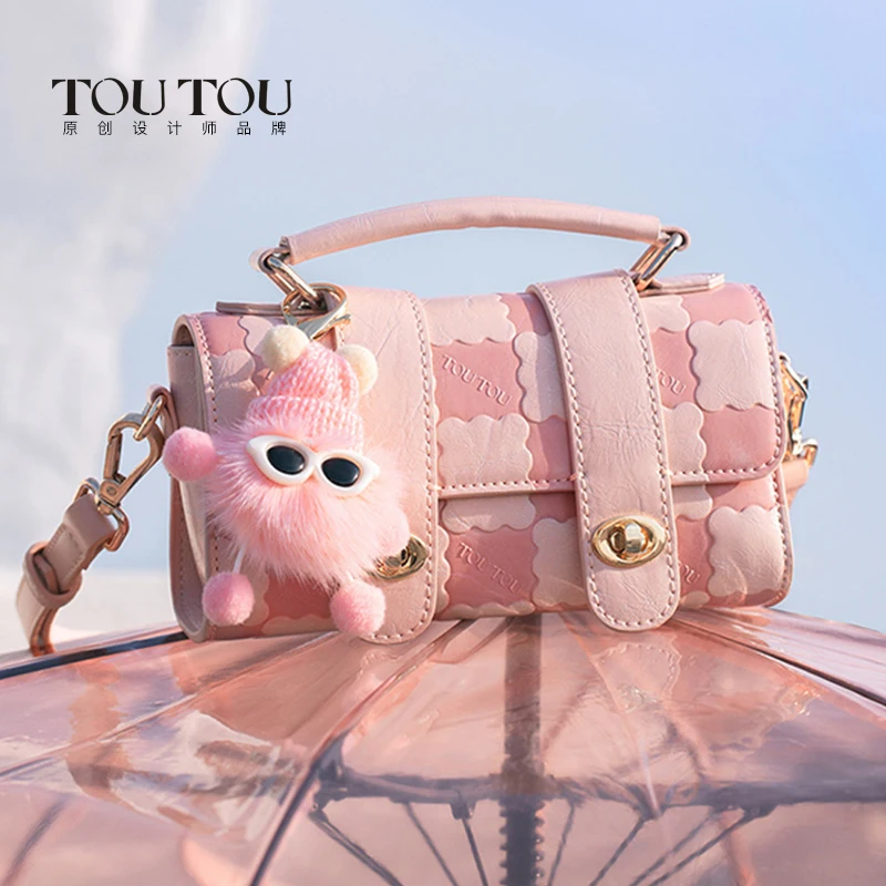 TOUTOU Pink Handbag for Women Doll Pendent Cambridge Style Cute Biscuit Design Handbag for Girl Crossbody with Plush Charm