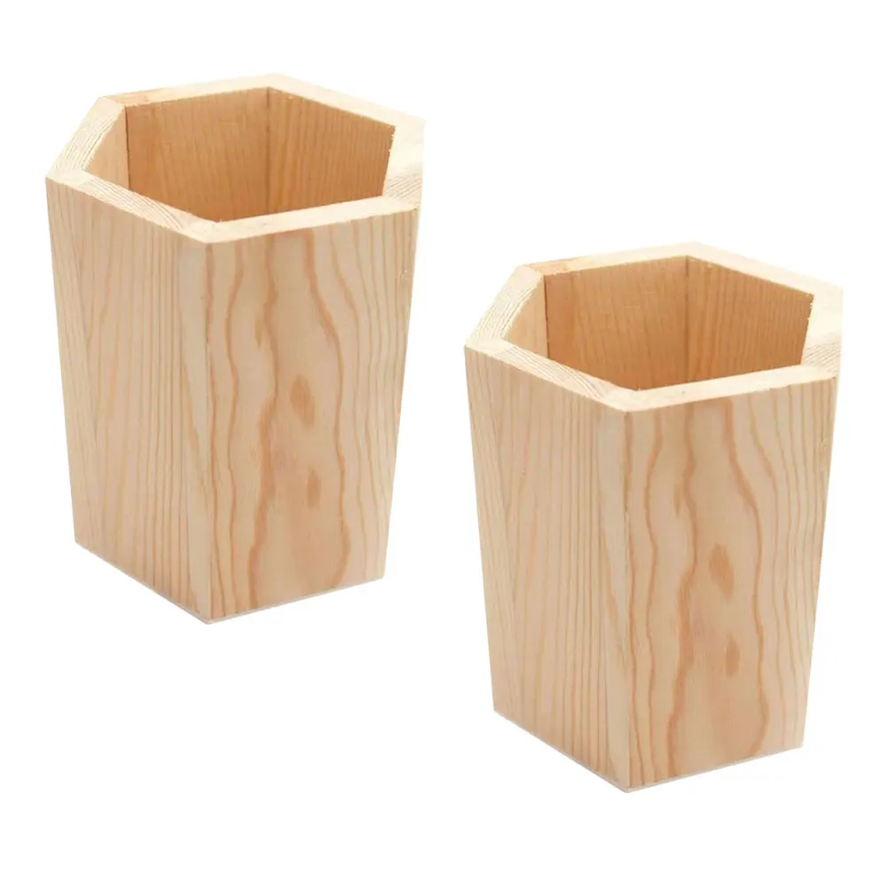 

2pcs Pine Wood Pen Holder Pencil Pot Desktop Organizer Makeup Brush Cup Stationery Storage Decorative Container for Office Home