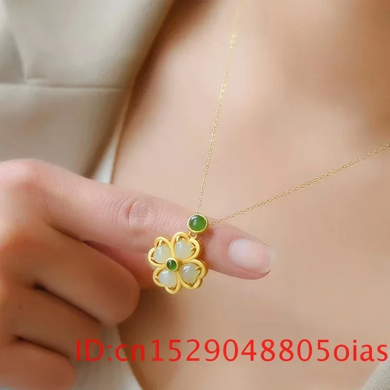 Natural hetian jade trevo pingente colar 925 presentes de prata para calcedônia feminino amuleto moda jóias