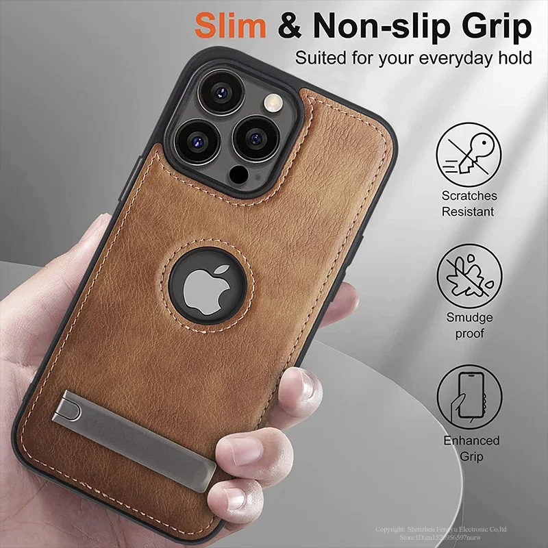 Leather Kickstand Phone Cases for iPhone 15 13 Pro Max 14 Plus 12 11 Mobile Case Shockproof Flexible Soft Grip Luxury Back Cover