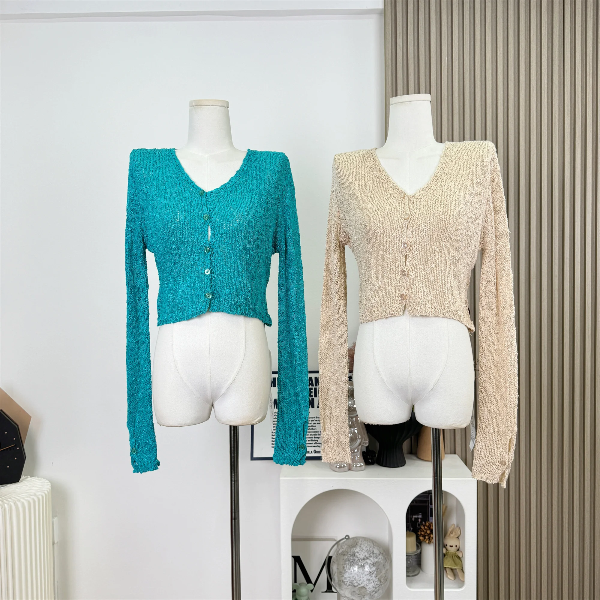 

Korean Fashion Women's Knitted Slim Fit Top Sun Protection Cardigan Long Sleeve V Neck Hollow Out Sweater F122