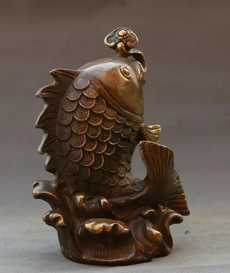 Chinese Feng Shui Old Copper Sea Wave Fish Ruyi coin Weath Lucky Decorate Statue