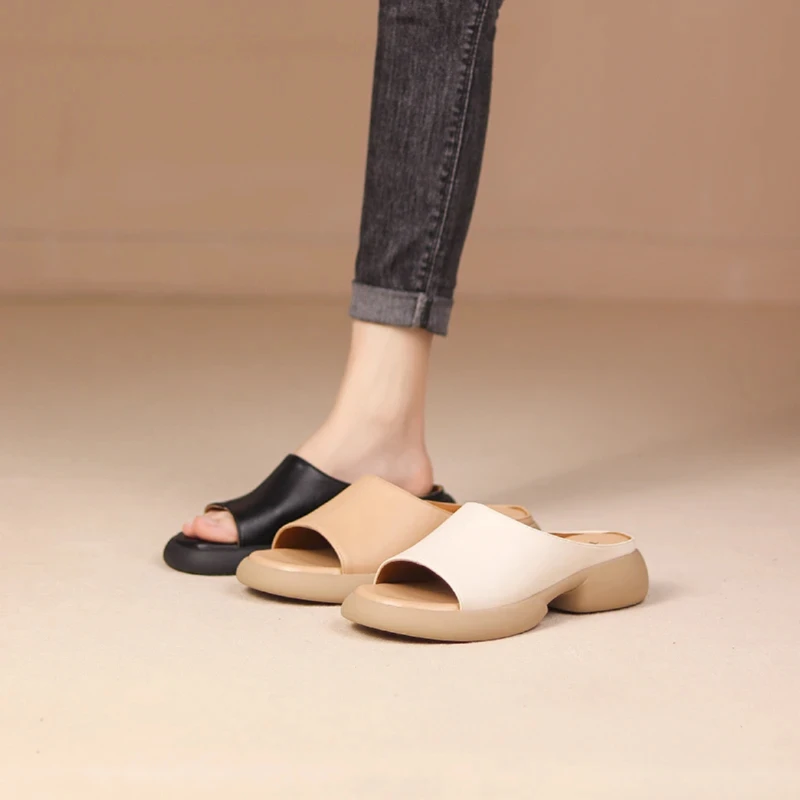 2024 Summer New Fashionable Women's Slippers Round Head Outwear Thick Sole Solid Color Versatile Single Shoes for Women