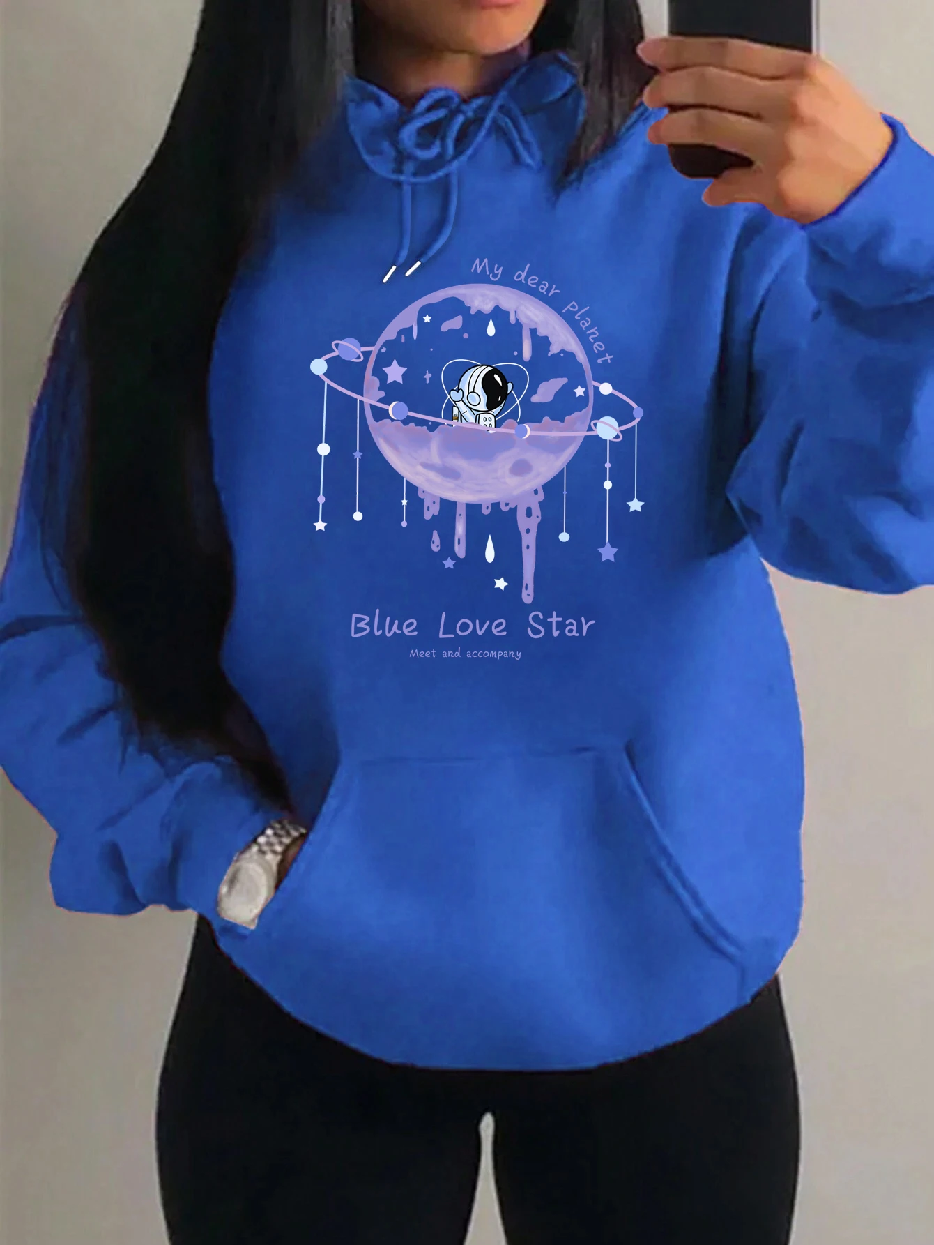 Blue Love Star Planet Pattern Women Streetwear Harajuku Multicolor Pullovers Fleece Sportswears Casual Pocket Hoody Unisex