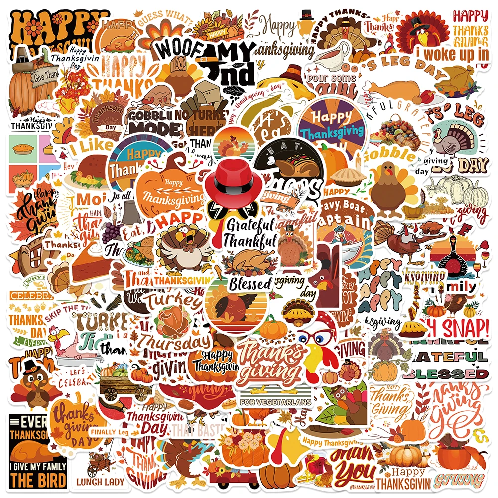 50/100pcs Thanksgiving Day Turkey Pumpkin Stickers For Phone Laptop Suitcase Scrapbook Wall Cartoon Aesthetic Stickers Kids Gift