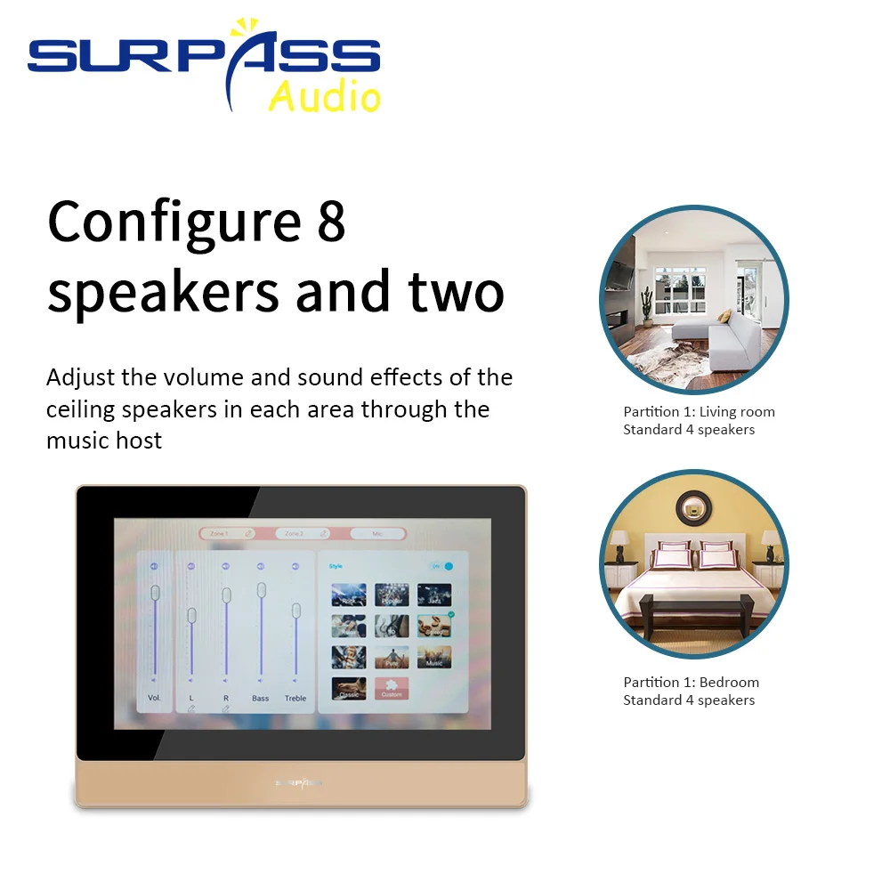 집 전체 오디오 음악 시스템, 2 구역, 7 인치 스크린, 벽 앰프, 8 천장 스피커, 와이파이 + 블루투스 HD-MI, USB 인터페이스 앰프
