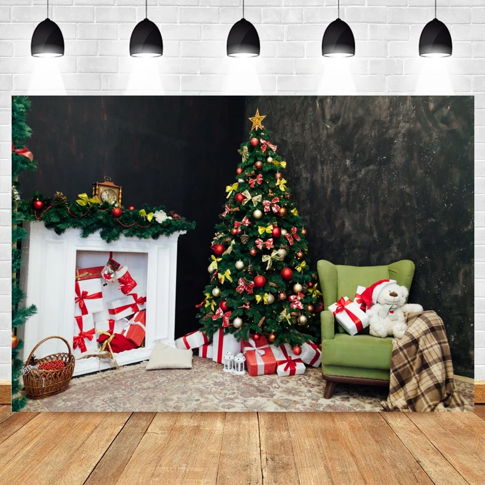 Christmas Background Interior Room Xmas Tree Fireplace Gifts Window Baby Portrait Photography Backdrop Wall Decor Photo Studio