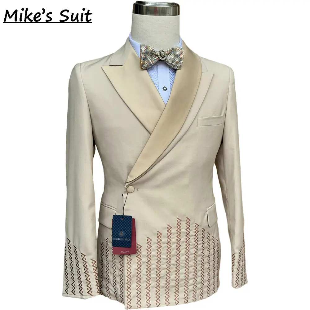 Champagne Embroidery Men's Business Suit For Wedding Groom Wear Prom Man Suits Blazer 2 Pieces Set Jacket+Pant