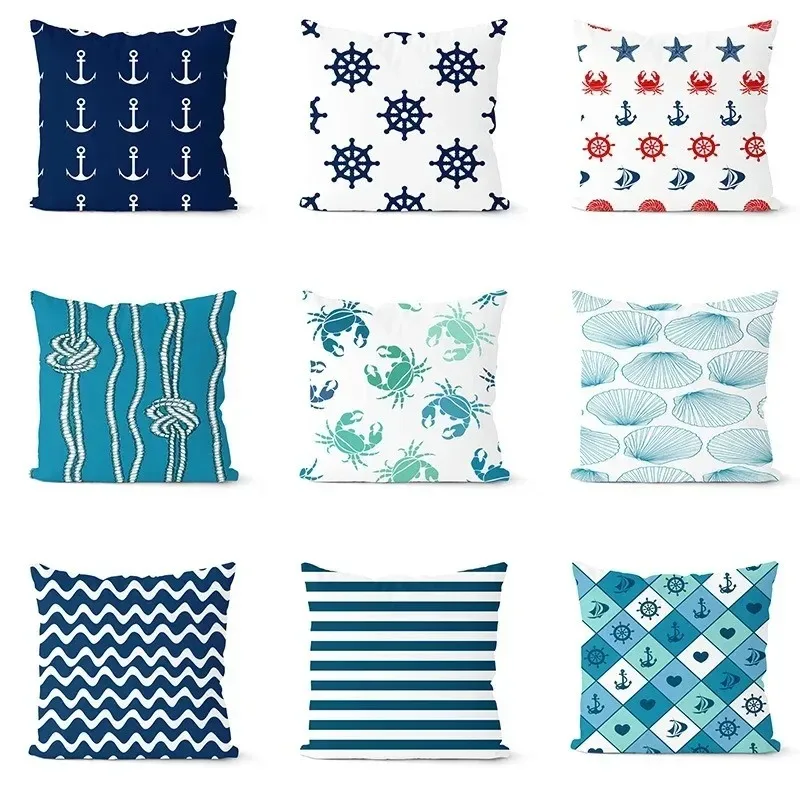 Home Decor Nautical Pattern Anchor, Crab, Shell Pillow Cover Pattern Cushion Covers for Sofa Bedroom Car Pillow Covers