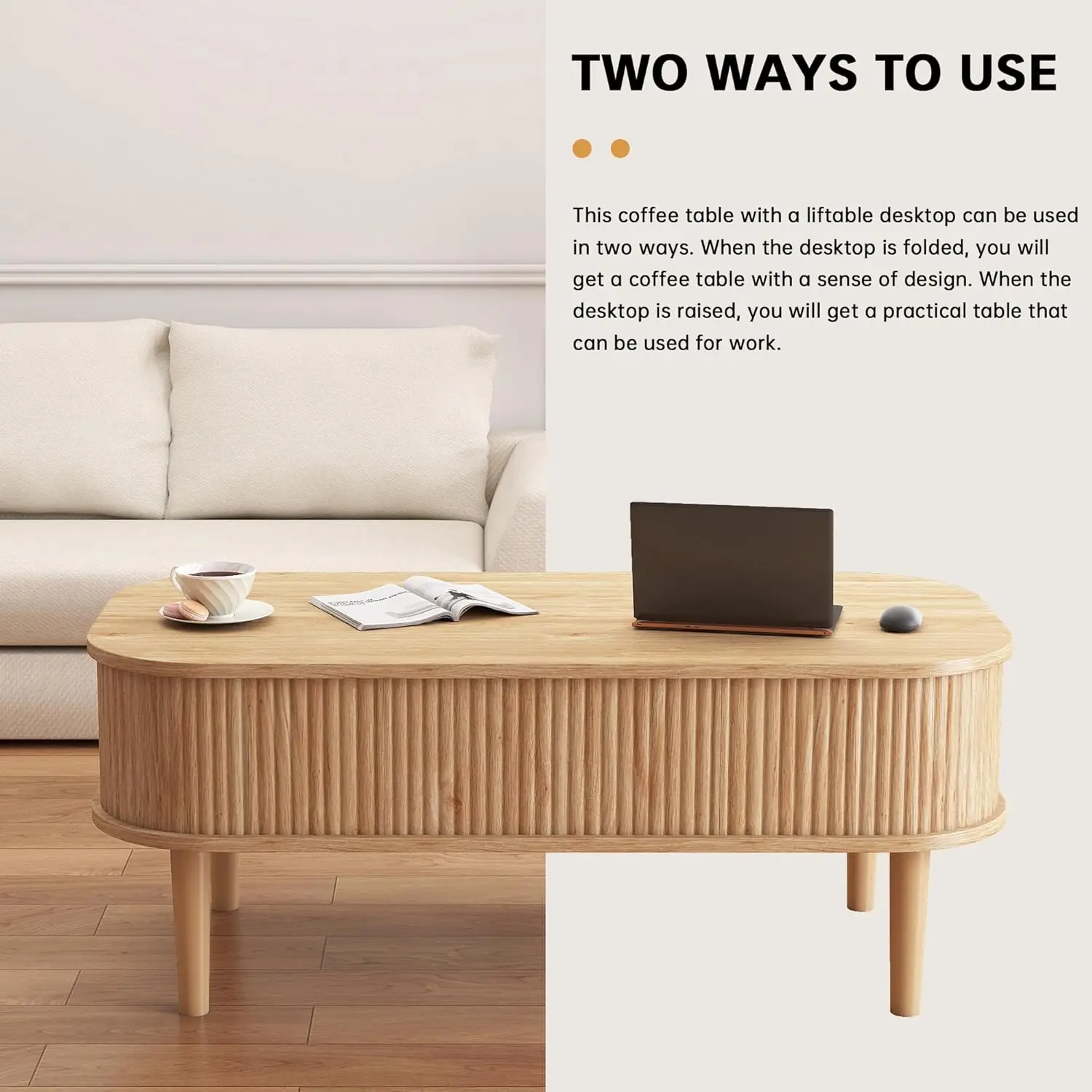 Coffee Table, Fluted Lift Top Coffee Tables For Living Room, Center Tables With Hidden Compartment, Modern Oval Coffee Table For