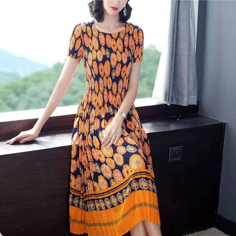 

Simple Commuter Print Slim Fit Mid length A-line Dress Summer Pleated Dress for Women vestidos Loose Fit