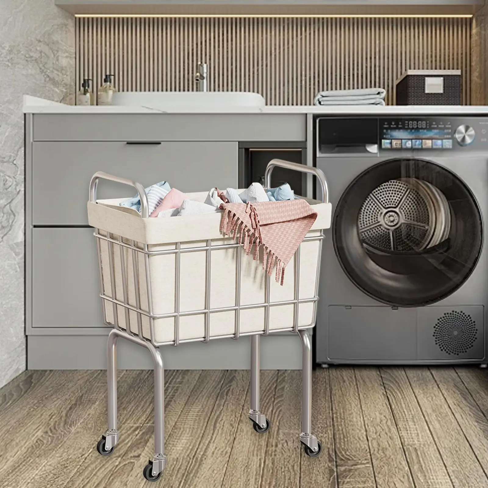 

Laundry Basket Rolling Laundry Hamper Fashion Carbon Steel Portable