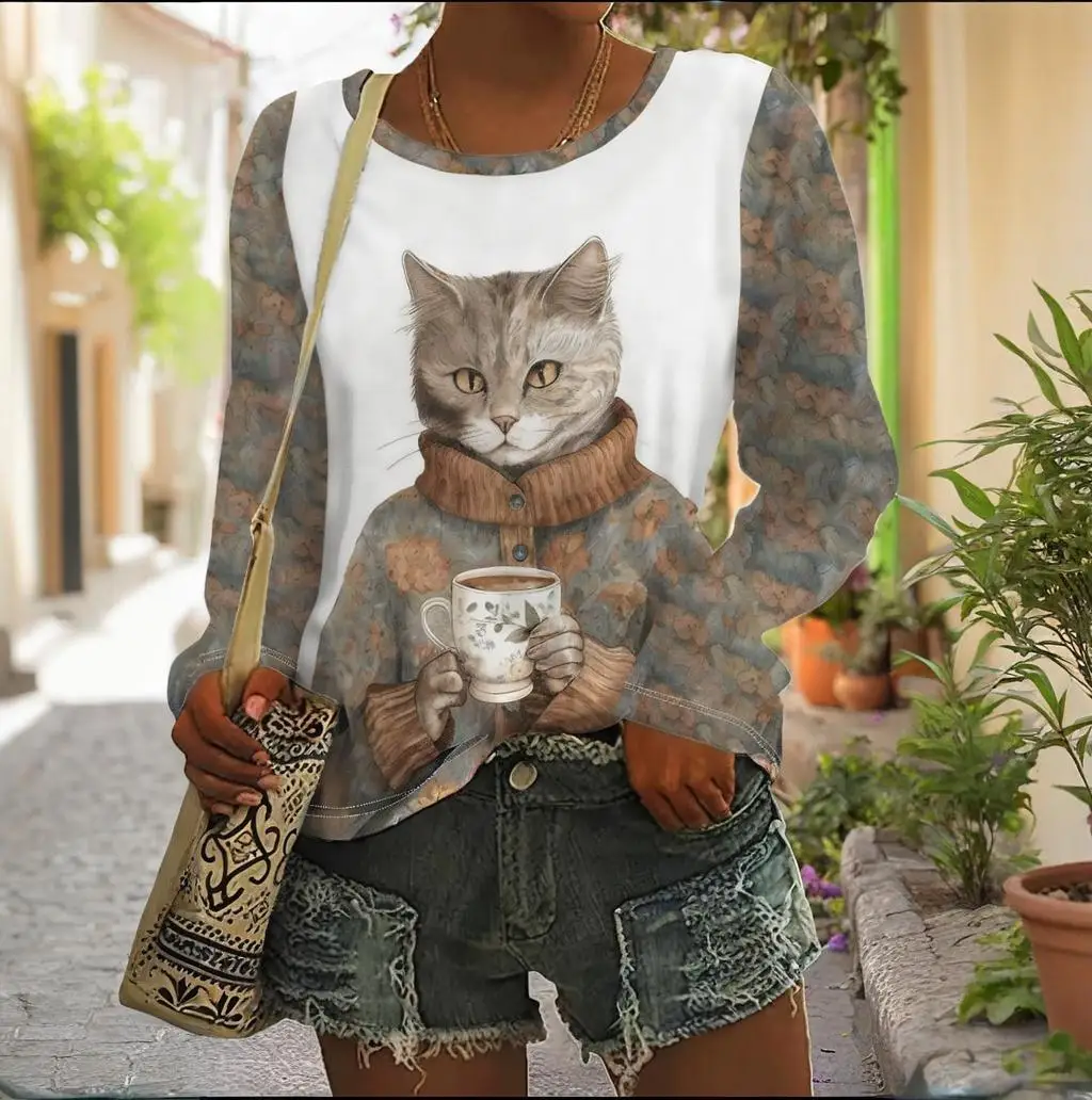 Fashion Teacup Cat Women's Long Sleeve Spring And Autumn Round Neck Clothing Casual Oversize T-Shirts Animals Cat Printed Tops