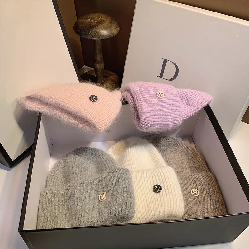 Rabbit Fur Beanies  Fluffy Winter Hat for Women Angora Soft Warm Knitted Hat Skullies Beanies Female Bonnet Woman M Knit Cap